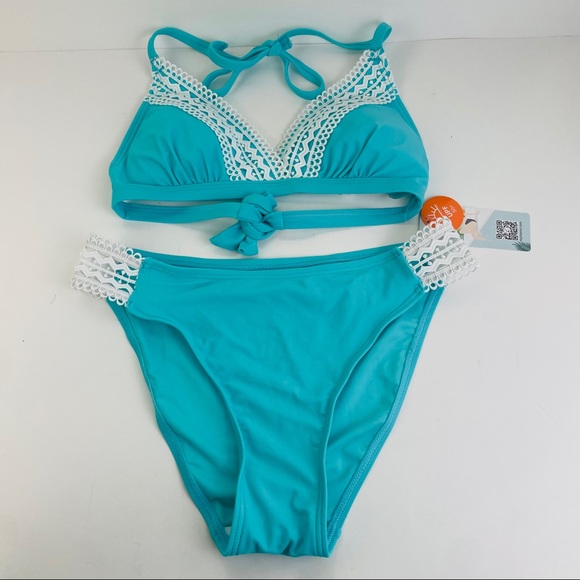 Beautyin Crochet Lace Bikini Two Piece Aqua Turquoise UPF 50 Women’s Size Small - Picture 1 of 7